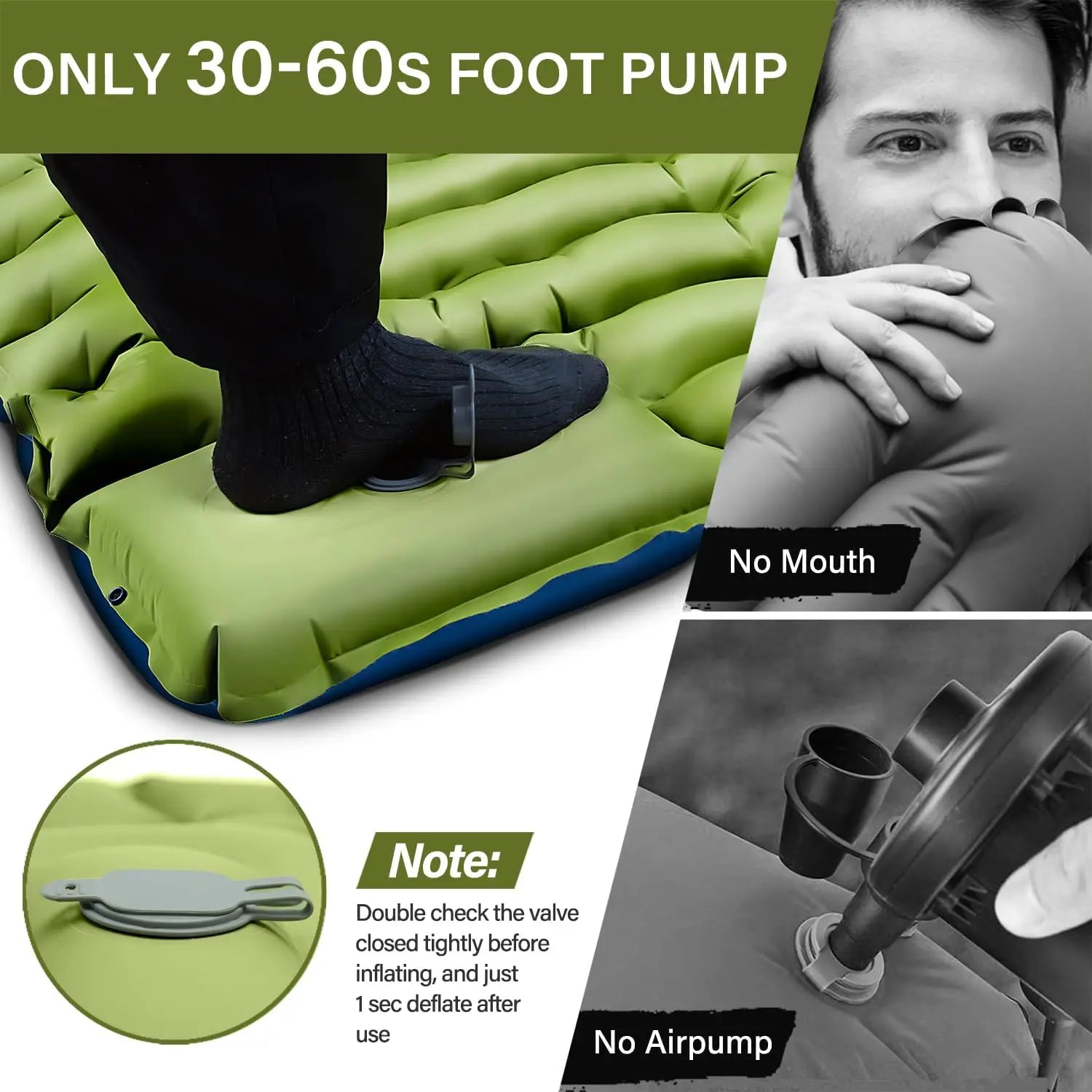 Ultralight PVC Camping Sleeping Pad & Mattress with Pillow Built-in Foot Pump Inflatable Compact Design