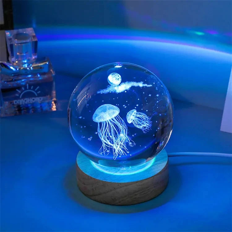Jellyfish Dolphin Starfish Moon Planet USB Night Lamp LED 3D Art Crystal Ball Table Night Lights Decor for Children's