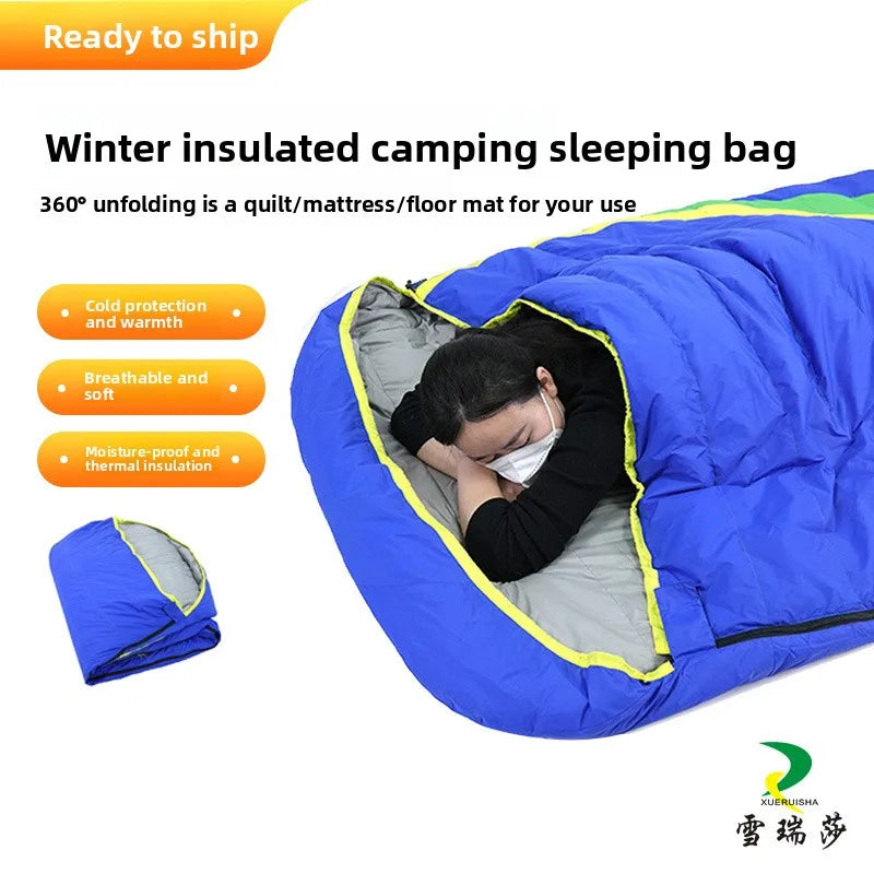 Duck Down Double Envelope-style Blue-and-color-block Sleeping Bag Outdoor Camping Adult Travel High-Loft Portable Warm
