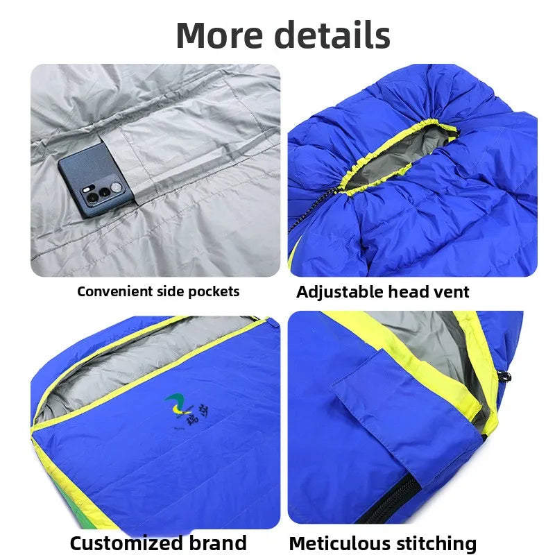 Duck Down Double Envelope-style Blue-and-color-block Sleeping Bag Outdoor Camping Adult Travel High-Loft Portable Warm