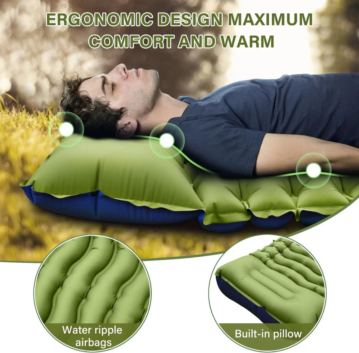 Ultralight PVC Camping Sleeping Pad & Mattress with Pillow Built-in Foot Pump Inflatable Compact Design