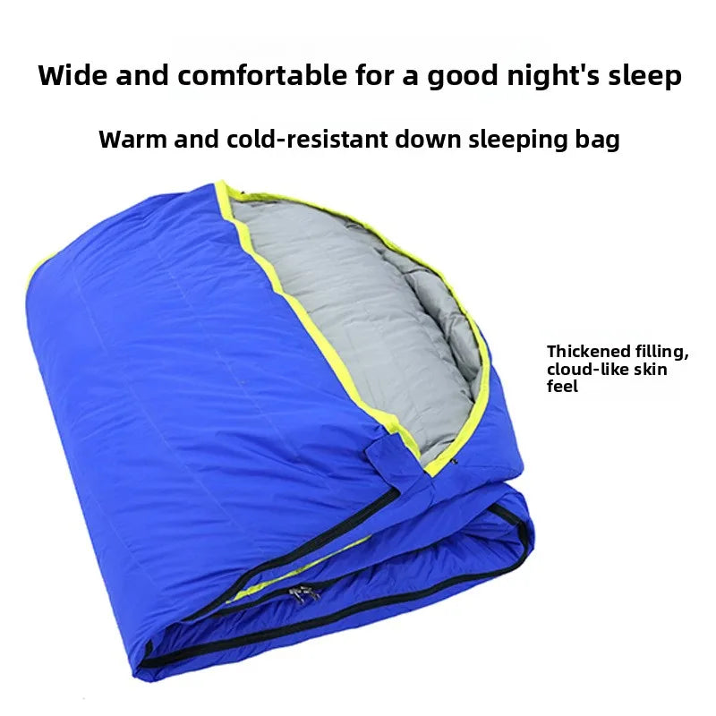 Duck Down Double Envelope-style Blue-and-color-block Sleeping Bag Outdoor Camping Adult Travel High-Loft Portable Warm