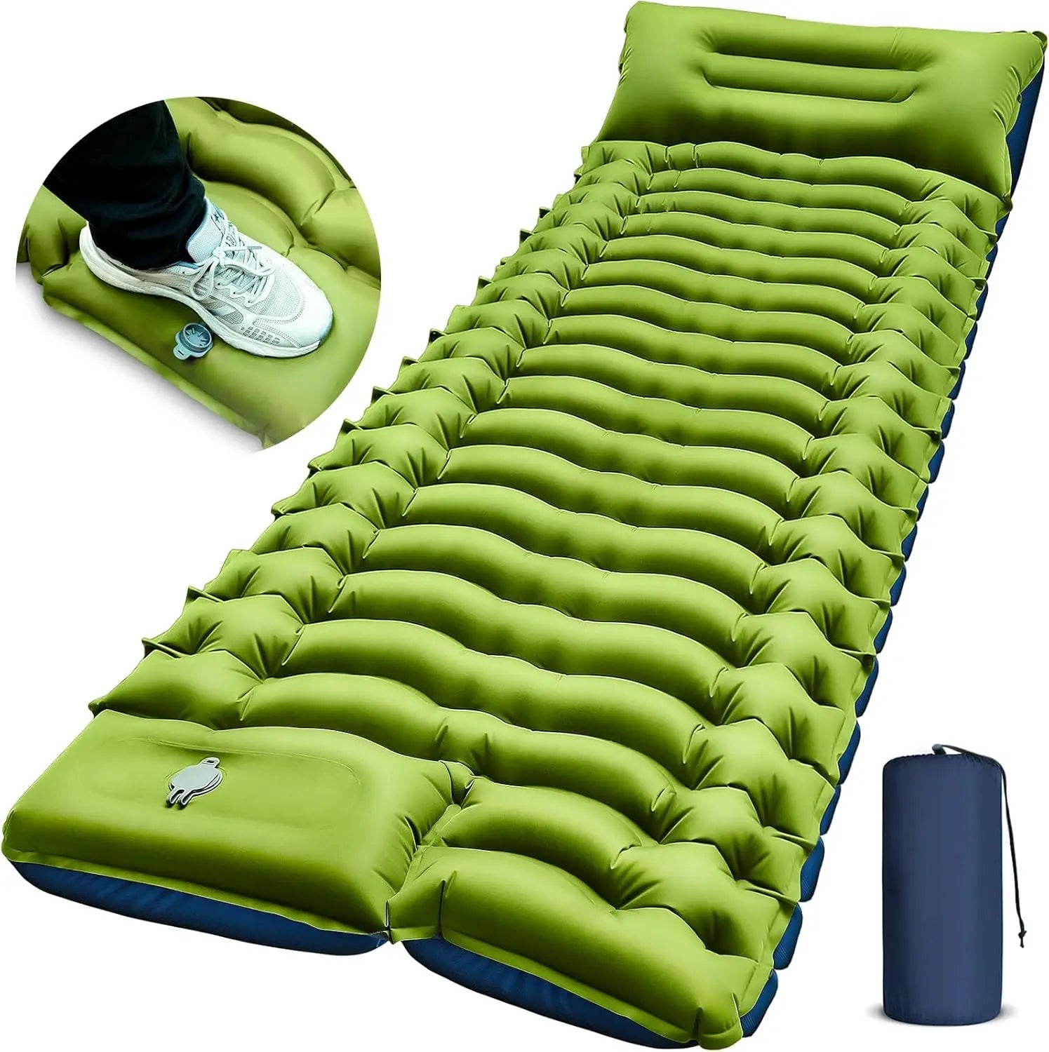 Ultralight PVC Camping Sleeping Pad & Mattress with Pillow Built-in Foot Pump Inflatable Compact Design