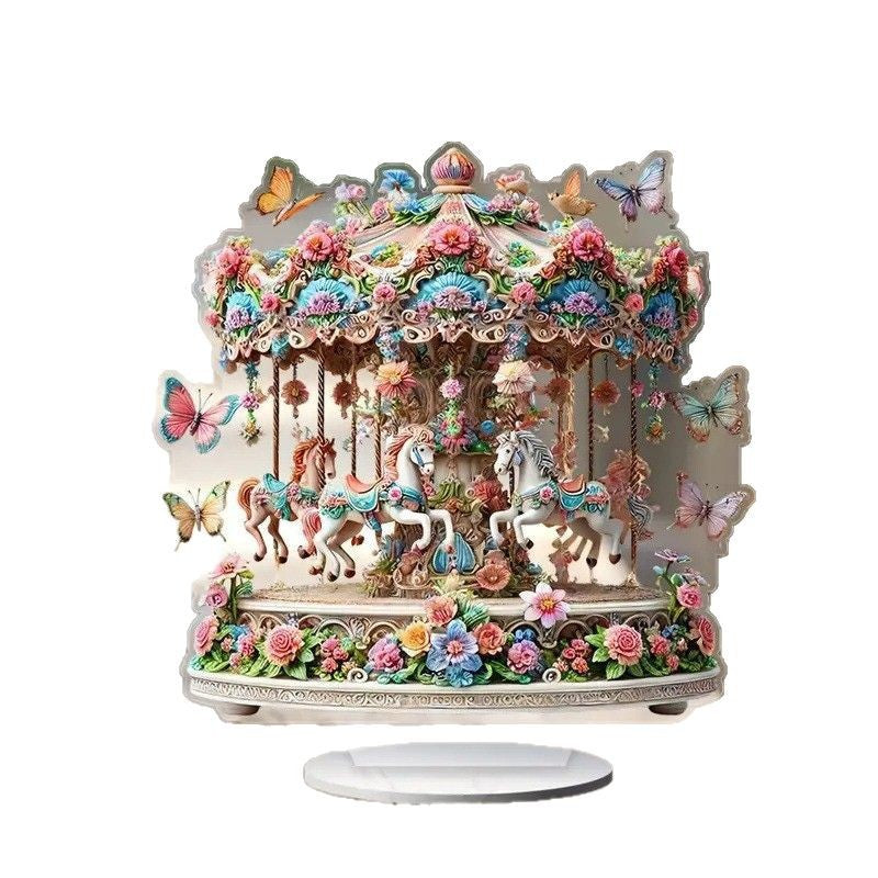 Charming, enchanting acrylic carousel music box-fantasy horses, bright flowers