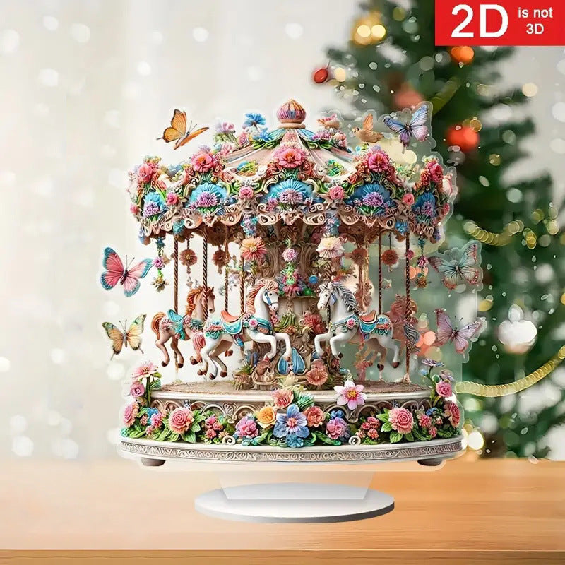 Charming, enchanting acrylic carousel music box-fantasy horses, bright flowers