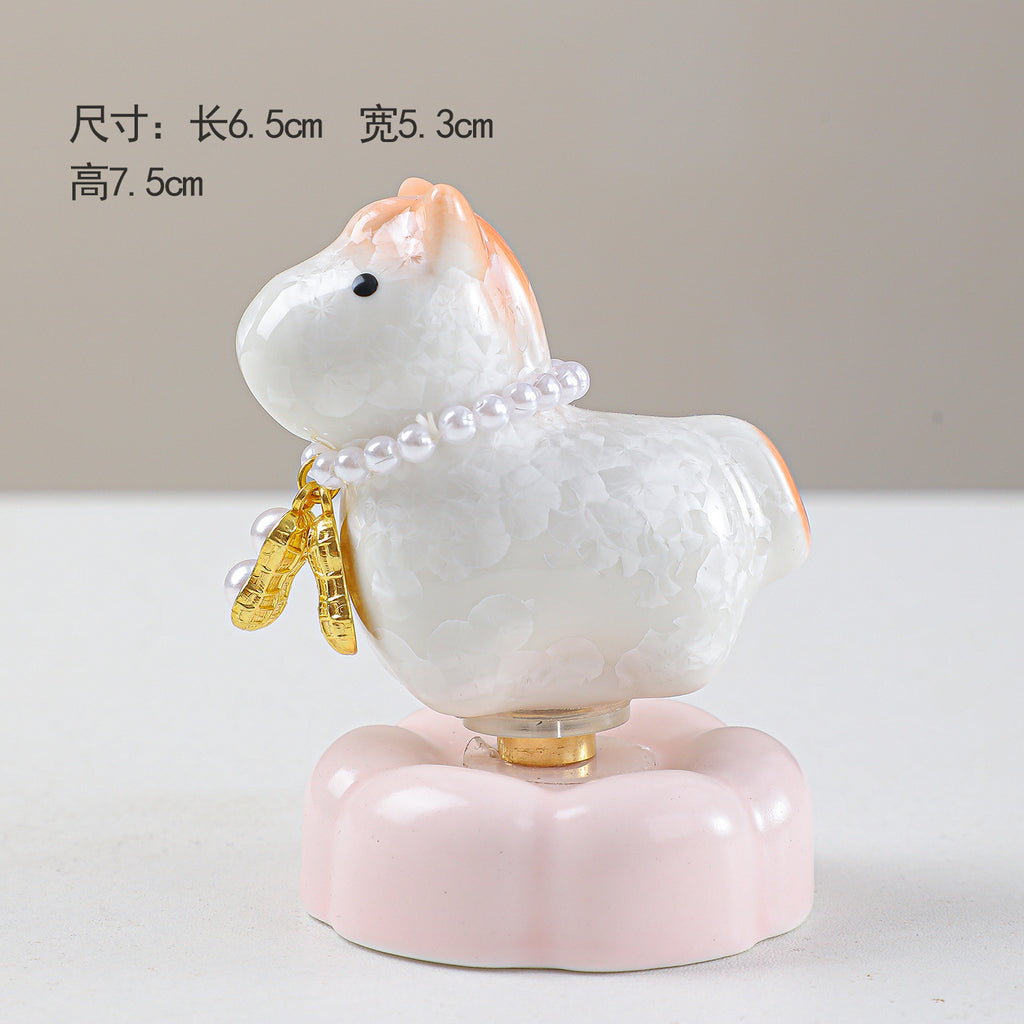 Cute Ceramic Lucky Horse Figurine with Pearl Necklace & Butterfly Charm