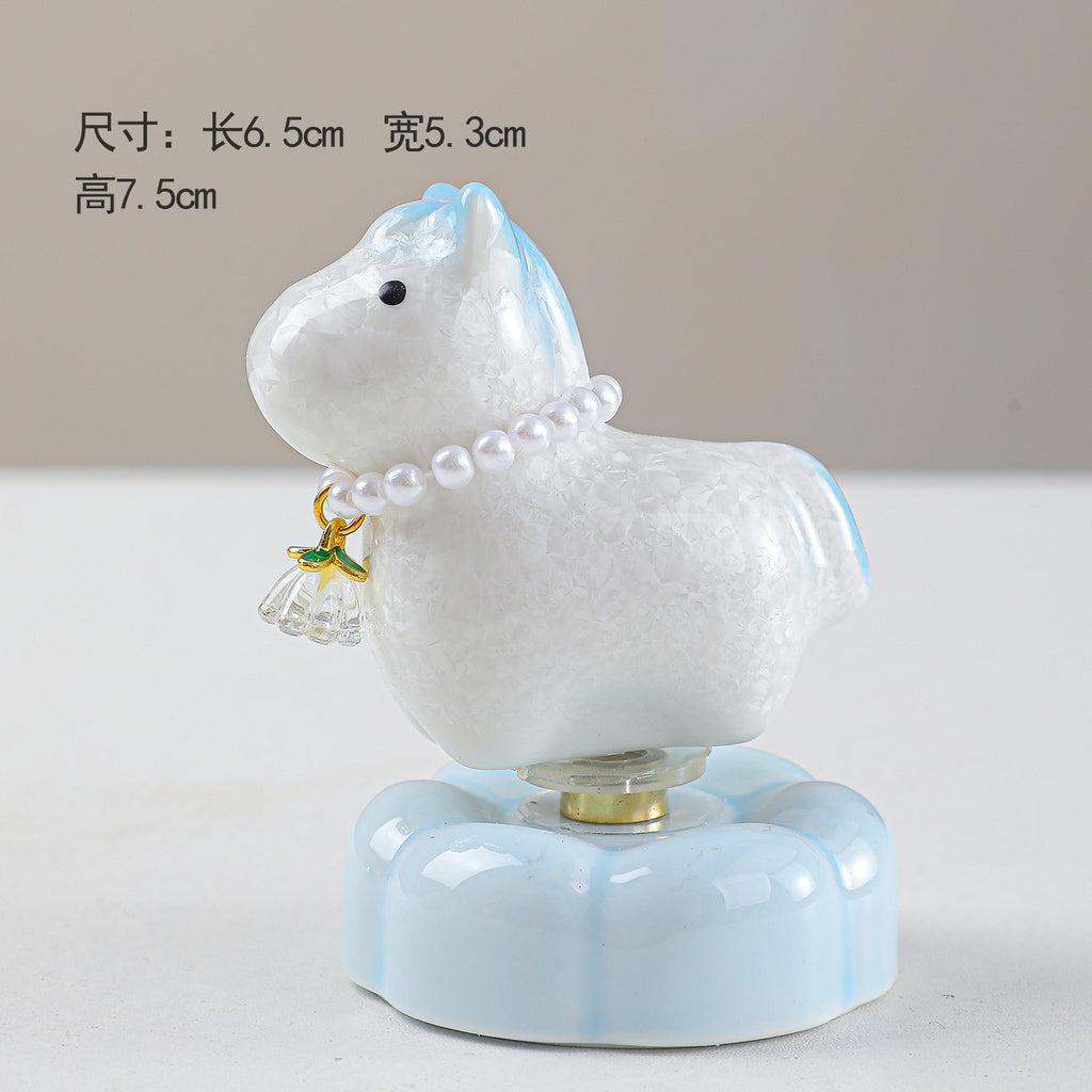Cute Ceramic Lucky Horse Figurine with Pearl Necklace & Butterfly Charm