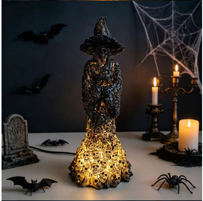 Cross-Border Halloween Full-Surface Skull Witch Glowing Table Lamp Dark Horror Resin Ornament Haunted House Atmosphere Night Light