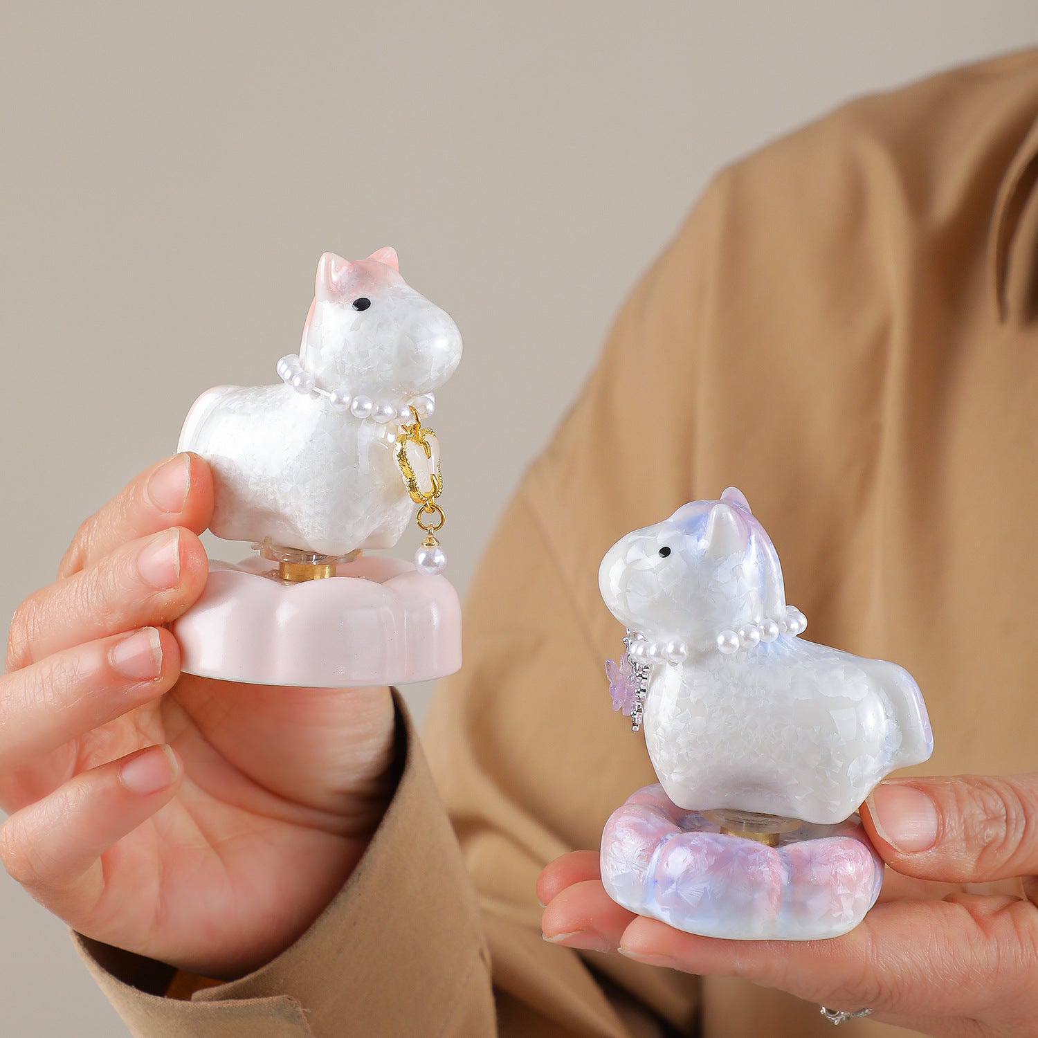 Cute Ceramic Lucky Horse Figurine with Pearl Necklace & Butterfly Charm