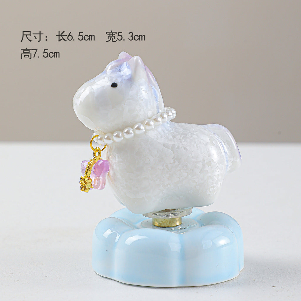 Cute Ceramic Lucky Horse Figurine with Pearl Necklace & Butterfly Charm
