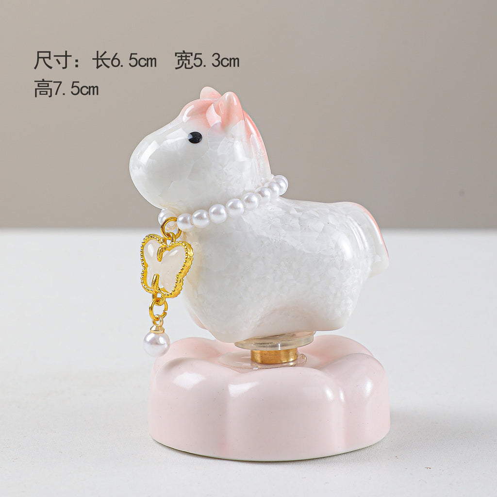 Cute Ceramic Lucky Horse Figurine with Pearl Necklace & Butterfly Charm