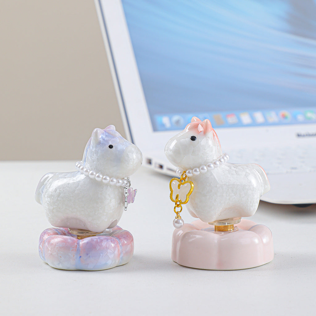 Cute Ceramic Lucky Horse Figurine with Pearl Necklace & Butterfly Charm