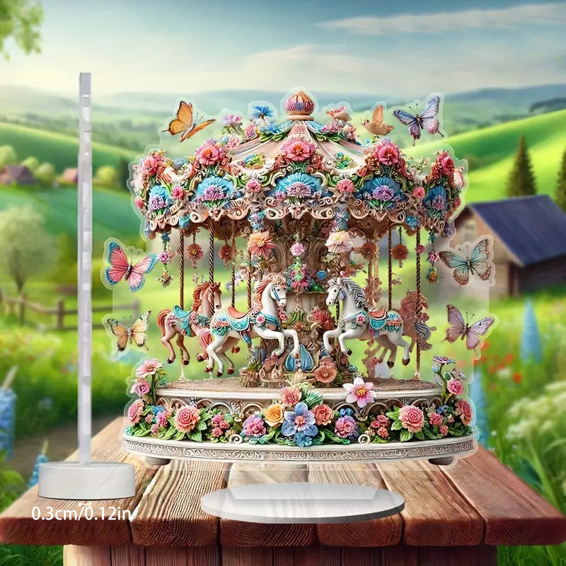 Charming, enchanting acrylic carousel music box-fantasy horses, bright flowers