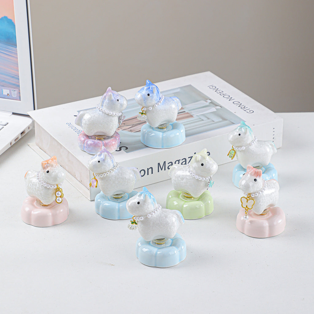 Cute Ceramic Lucky Horse Figurine with Pearl Necklace & Butterfly Charm