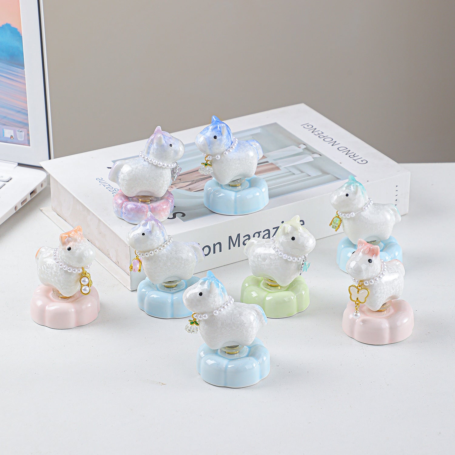 Cute Ceramic Lucky Horse Figurine with Pearl Necklace & Butterfly Charm