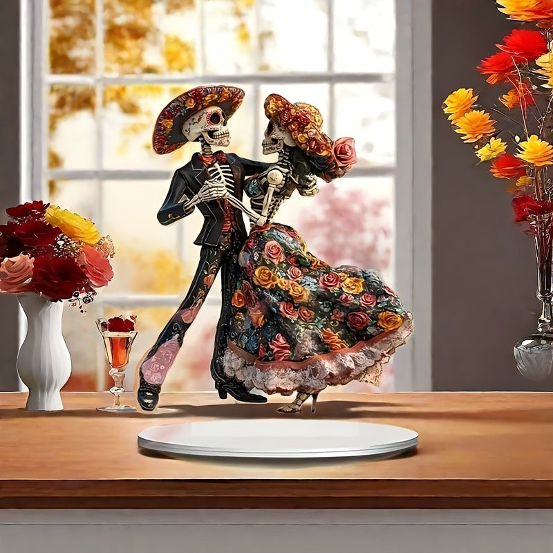 1pc Skeleton Dance Decorations 2D Death Festival Statue with Base Decorations Multifunctional Ornaments