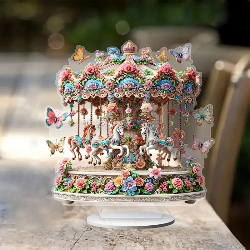 Charming, enchanting acrylic carousel music box-fantasy horses, bright flowers