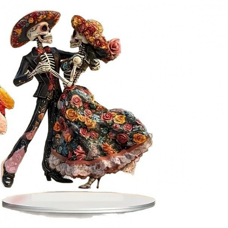 1pc Skeleton Dance Decorations 2D Death Festival Statue with Base Decorations Multifunctional Ornaments