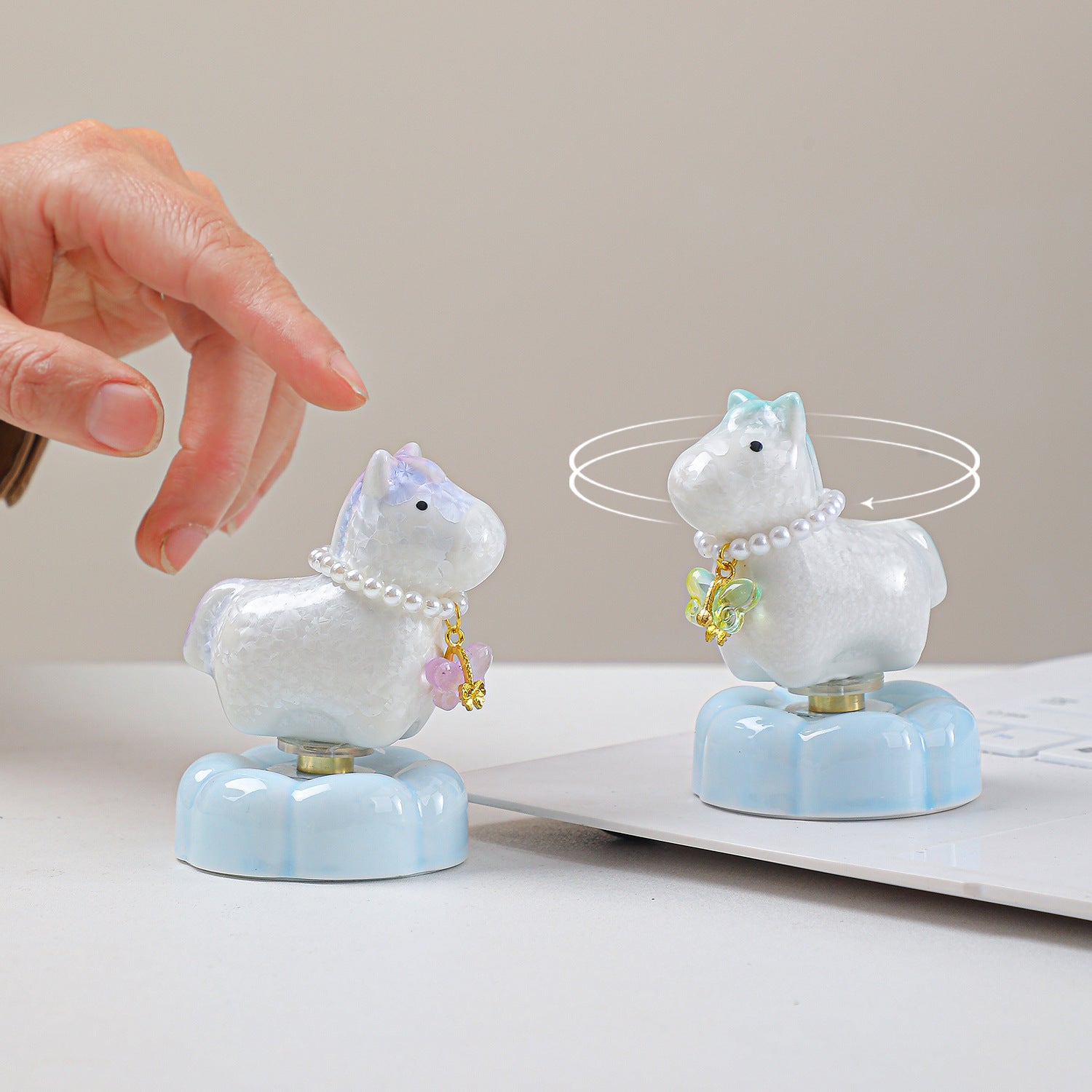 Cute Ceramic Lucky Horse Figurine with Pearl Necklace & Butterfly Charm