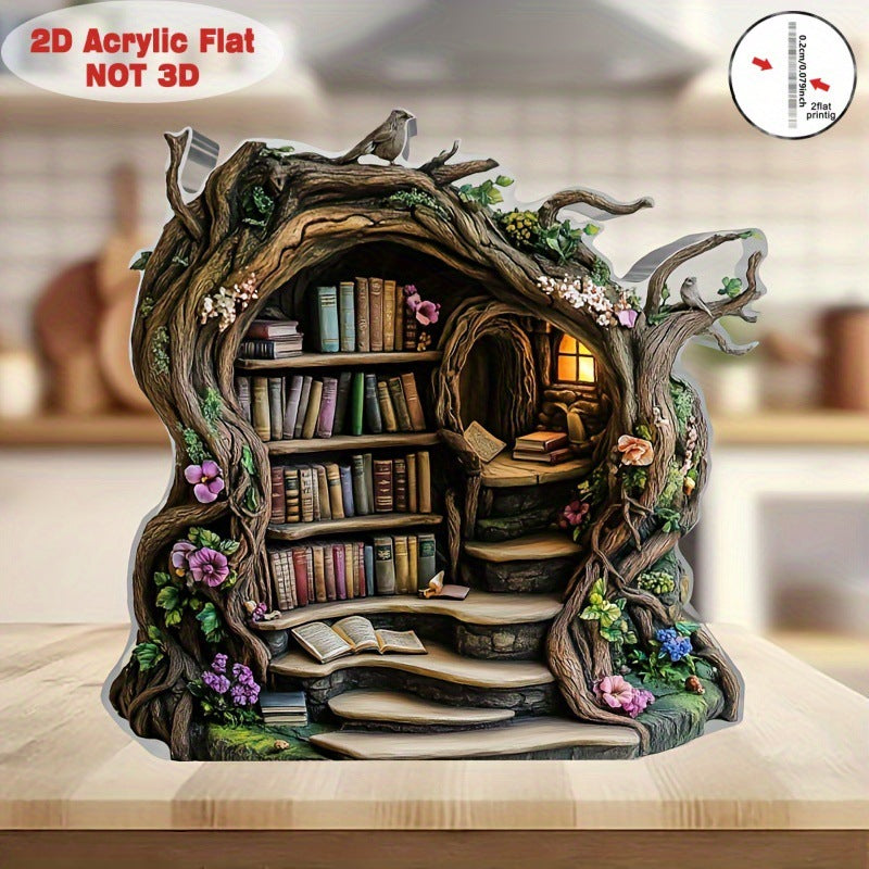 Bohemian Style 2D Flat Acrylic Ornaments with Forest Bookstore Theme for Home and Office Desk Decoration Props